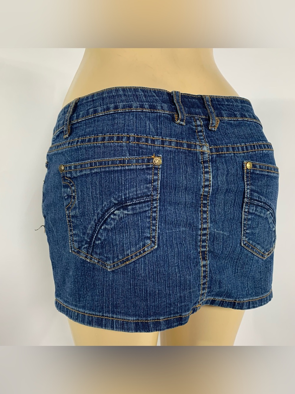 Drama Gold Y2K Low Rise Denim Mini Skirt Stretch Size 9 Fits L Best